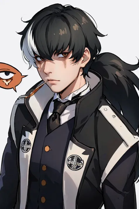 (masterpiece, best quality:1.2), solo, male focus, 1boy, simon blackquill, expressionless, looking at viewer, ponytail, coat, black necktie <lora:aa_blackquill:0.9>