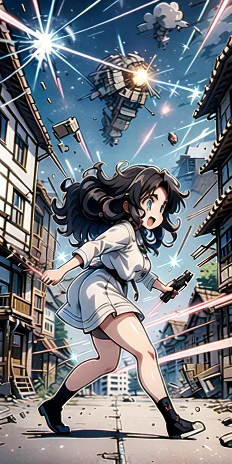 ((top quality, 8k wallpaper)),(masterpiece, best quality),extremely detailed,high definition,(official art:1.3),(((anime screencap,black outline))),<lora:more_details:0.3>, 1girl, BREAK (parted bangs:1.6), <lora:ETO_OC:0.2> ETO-OC, <lora:ETO_OCC006:0.5>, ETO_OCC, (curly hair:1.3), (long hair), black hair, thick eyebrows, pale skin, curvy, (plump), (hazel eyes:1.3), mature female, dress, hand gun,gun,weapon, BREAK <lora:avoidBeam:0.75>,firing,laser,debris,destruction,explosion,beam,surprised,struggling, fighting stance,outdoors, (((street, buildings, from side))), screaming, jumping, open mouth, running, fleeing,