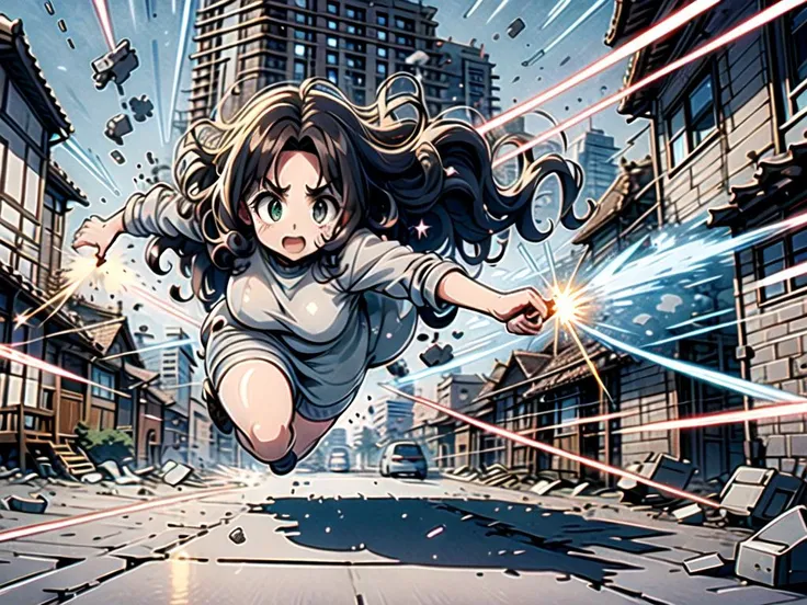((top quality, 8k wallpaper)),(masterpiece, best quality),extremely detailed,high definition,(official art:1.3),(((anime screencap,black outline))),<lora:more_details:0.3>, 1girl, BREAK (parted bangs:1.6), <lora:ETO_OC:0.2> ETO-OC, <lora:ETO_OCC006:0.5>, ETO_OCC, (curly hair:1.3), (long hair), black hair, thick eyebrows, pale skin, curvy, (plump), (hazel eyes:1.3), mature female, dress, hand gun,gun,weapon, BREAK <lora:avoidBeam:0.75>,firing,laser,debris,destruction,explosion,beam,surprised,struggling, fighting stance,outdoors, (((street, buildings))), screaming, jumping, open mouth, running, fleeing, (Medium close-up)