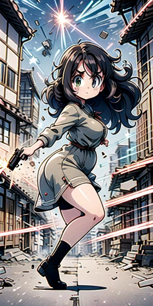 ((top quality, 8k wallpaper)),(masterpiece, best quality),extremely detailed,high definition,(official art:1.3),(((anime screencap,black outline))),<lora:more_details:0.3>, 1girl, BREAK (parted bangs:1.6), <lora:ETO_OC:0.2> ETO-OC, <lora:ETO_OCC006:0.5>, ETO_OCC, (curly hair:1.3), (long hair), black hair, thick eyebrows, pale skin, curvy, (plump), (hazel eyes:1.3), mature female, dress, hand gun,gun,weapon, BREAK <lora:avoidBeam:0.75>,firing,laser,debris,destruction,explosion,beam,surprised,struggling, fighting stance,outdoors, (((street, buildings, from side))), screaming, jumping,