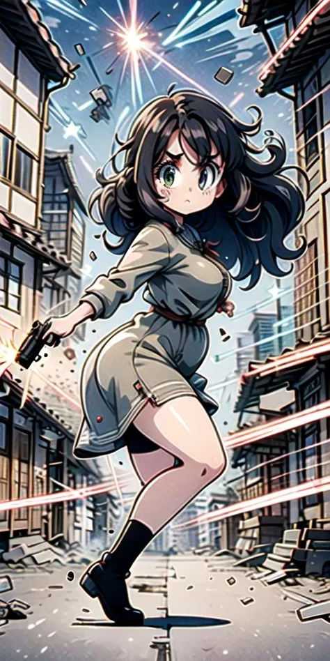 ((top quality, 8k wallpaper)),(masterpiece, best quality),extremely detailed,high definition,(official art:1.3),(((anime screencap,black outline))),<lora:more_details:0.3>, 1girl, BREAK (parted bangs:1.6), <lora:ETO_OC:0.2> ETO-OC, <lora:ETO_OCC006:0.5>, ETO_OCC, (curly hair:1.3), (long hair), black hair, thick eyebrows, pale skin, curvy, (plump), (hazel eyes:1.3), mature female, dress, hand gun,gun,weapon, BREAK <lora:avoidBeam:0.75>,firing,laser,debris,destruction,explosion,beam,surprised,struggling, fighting stance,outdoors, (((street, buildings, from side))), screaming, jumping,