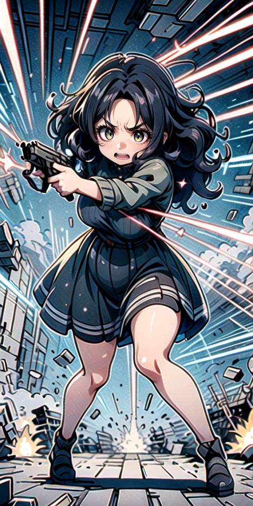 ((top quality, 8k wallpaper)),(masterpiece, best quality),extremely detailed,high definition,(official art:1.3),(((anime screencap,black outline))),<lora:more_details:0.3>, 1girl, clenched teeth,struggling,serious,v-shaped eyebrows,fighting stance,outdoors,BREAK (parted bangs:1.6), <lora:ETO_OC:0.2> ETO-OC, <lora:ETO_OCC006:0.5>, ETO_OCC, (curly hair:1.3), (long hair), black hair, thick eyebrows, pale skin, curvy, (plump), (hazel eyes:1.3), looking at viewer, mature female, dress, hand gun,gun,weapon, BREAK <lora:avoidBeam:0.75>,firing,laser,debris,destruction,explosion,beam,