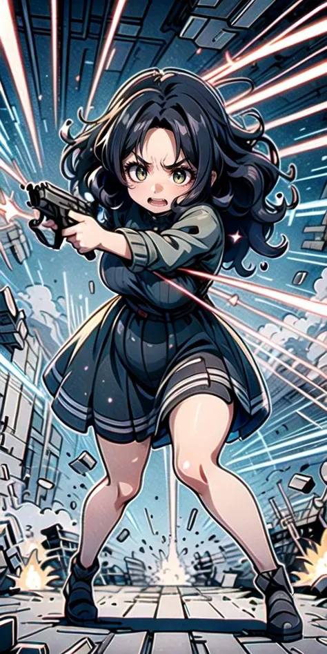 ((top quality, 8k wallpaper)),(masterpiece, best quality),extremely detailed,high definition,(official art:1.3),(((anime screencap,black outline))),<lora:more_details:0.3>, 1girl, clenched teeth,struggling,serious,v-shaped eyebrows,fighting stance,outdoors,BREAK (parted bangs:1.6), <lora:ETO_OC:0.2> ETO-OC, <lora:ETO_OCC006:0.5>, ETO_OCC, (curly hair:1.3), (long hair), black hair, thick eyebrows, pale skin, curvy, (plump), (hazel eyes:1.3), looking at viewer, mature female, dress, hand gun,gun,weapon, BREAK <lora:avoidBeam:0.75>,firing,laser,debris,destruction,explosion,beam,
