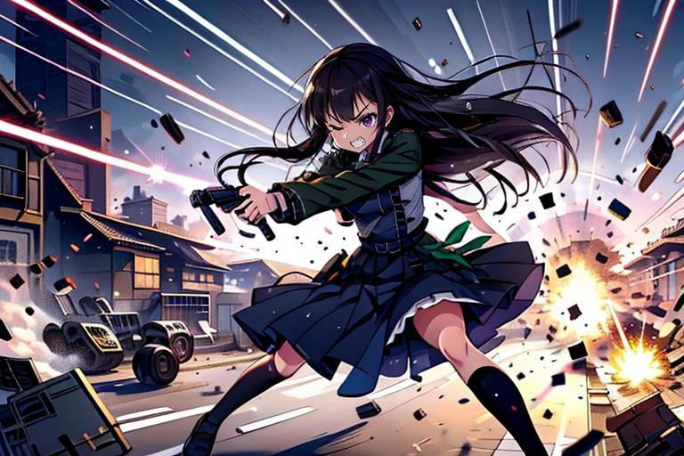 masterpiece,best quality,highly detailed,1girl,solo,
clenched teeth,one eye closed,struggling,serious,v-shaped eyebrows,fighting stance,highway,riding, riding on motor vehicle,
BREAK
<lora:takina_inoue_v1:0.75>,takina inoue,purple eyes,black hair,long hair,lycoris uniform,green ribbon,long sleeves,two-tone dress,pleated dress,collared shirt,kneehighs,hand gun,gun,weapon,
BREAK
<lora:avoidBeam:0.7>,firing,laser,debris,destruction,explosion,