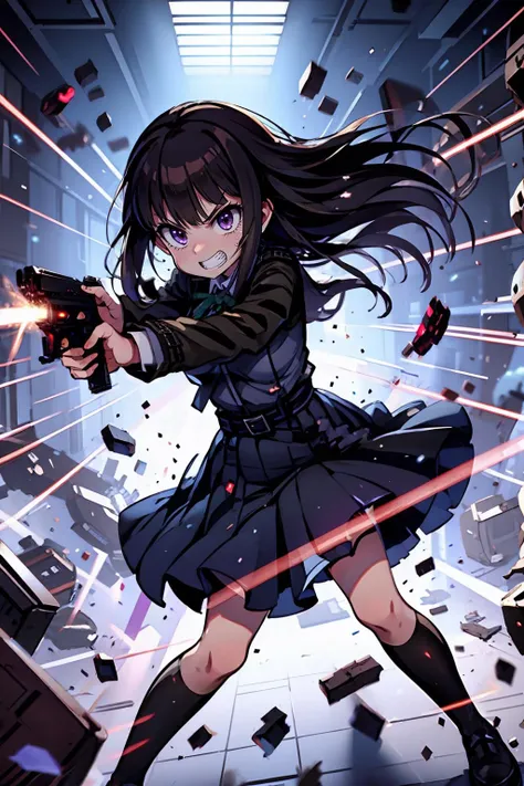 masterpiece,best quality,highly detailed,1girl,solo,
clenched teeth,struggling,serious,v-shaped eyebrows,fighting stance,outdoors,
BREAK
<lora:takina_inoue_v1:0.75>,takina inoue,purple eyes,black hair,long hair,lycoris uniform,green ribbon,long sleeves,two-tone dress,pleated dress,collared shirt,kneehighs,hand gun,gun,weapon,
BREAK
<lora:avoidBeam:0.75>,firing,laser,debris,destruction,explosion,beam,