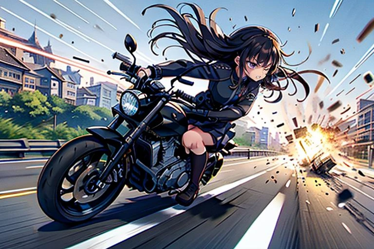 masterpiece,best quality,highly detailed,1girl,solo,
clenched teeth,one eye closed,struggling,serious,v-shaped eyebrows,fighting stance,(((highway, riding, riding on motorcycle))),
BREAK
<lora:takina_inoue_v1:0.75>,takina inoue,purple eyes,black hair,long hair,lycoris uniform,green ribbon,long sleeves,two-tone dress,pleated dress,collared shirt,kneehighs,hand gun,gun,weapon,
BREAK
<lora:avoidBeam:0.7>,firing,laser,debris,destruction,explosion,