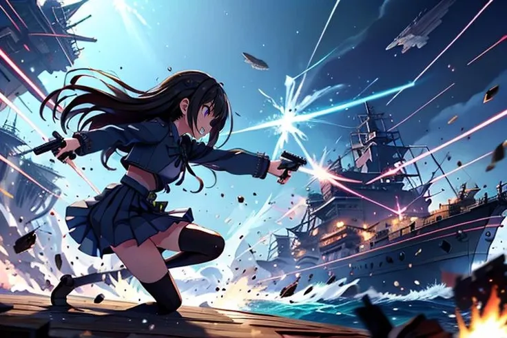 masterpiece,best quality,highly detailed,1girl,solo,
clenched teeth,struggling,serious,v-shaped eyebrows,fighting stance,(((ocean, ship, from side))),
BREAK
<lora:takina_inoue_v1:0.75>,takina inoue,purple eyes,black hair,long hair,lycoris uniform,green ribbon,long sleeves,two-tone dress,pleated dress,collared shirt,kneehighs,hand gun,gun,weapon,
BREAK
<lora:avoidBeam:0.7>,firing,laser,debris,destruction,explosion,