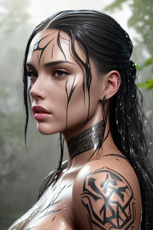 Heathered <lora:Heathered:0.9> outside in the rain, soaking wet, ((big full glossy lips)) dank swamp, with tribal tattoos, (detailed facial features:1.15), Unreal Engine 5, 8K, HQ, HDR, amazing detail, intricate details, shallow depth of field, reflections, art by artgerm and greg rutkowski