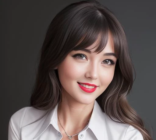 Heathered official identification photo of a young woman in a (elegant detailed white tight secretary shirt :1.5), (cleavage:1.5), red lips, (professional photo , studio lighting, hard light, sony a7, 50 mm, (hyperrealistic), big depth of field, mate skin, pores, colors, hyperdetailed, best quality, photorealistic, 8k, high res, best quality), 1girl, (portrait), (dark grey photostudio background:1.4) , looking at viewer, (eye contact:1.4), piercing eyes, happy, smirk, smile, intricate <lora:Heathered:0.9>