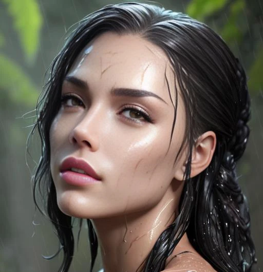 Heathered <lora:Heathered:0.9> outside in the rain, soaking wet, ((big full glossy lips)) dank swamp, with tribal tattoos, (detailed facial features:1.15), Unreal Engine 5, 8K, HQ, HDR, amazing detail, intricate details, shallow depth of field, reflections, art by artgerm and greg rutkowski