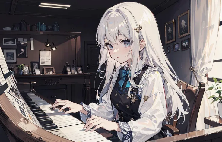 {best quality}, {{masterpiece}}, {highres}, original, extremely detailed 8K wallpaper, {an extremely delicate and beautiful},incredibly_absurdres,colorful,intricate detail,artbook,1girl,playing piano