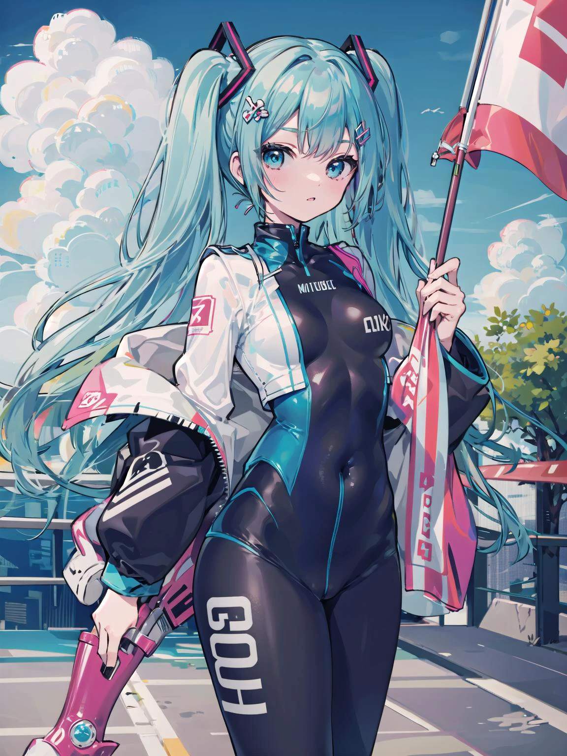 masterpiece, best quality, hatsune miku, solo, ( standing ), ( race queen|impossible bodysuit:1.4 ), short shirt, boots, hair ornament, flag, cowboy shot,