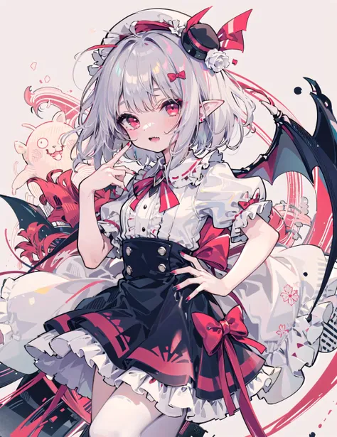 + (Remilia Scarlet: 1.4), (Masterpiece), (best quality), soft light, warm color, ((Super detail)), (illustration), (extremely delicate and beautiful), dynamic Angle, float, (beautiful detail eyes), (Detail Light), 1 girl
Hat, Solo, gems, frilly, ribbon, clean legs, girl, cute little leather shoes, bow, bangs, shirt, skirt, big red bow on back, nails, standing, red eyes, short sleeves, open mouth, puffy sleeves, silver hair, pointed ears, puffy short sleeves, looking at the audience, (White frilly nightcap :1.3), short hair, Light pink dress, red nails, red tie, floral background, romantic background, ++(little devil wings on hips)++