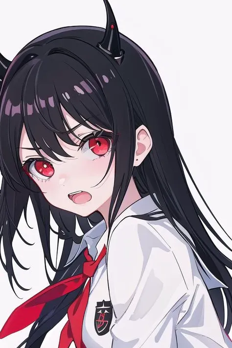 masterpiece, best quality, 1girl, solo, portrait, black hair, school uniform, open mouth, red eyes, black and white, evil, frown, evil eyes