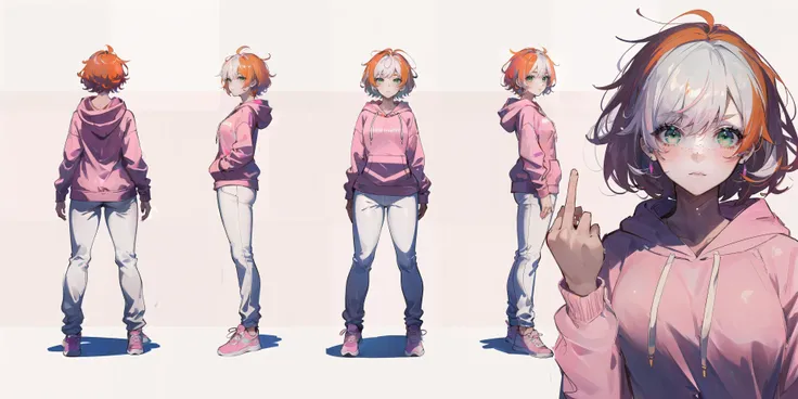Masterpiece, best quality, 1girl, (orange_hair), (green_eyes), freckles, short hair, messy hair, ((pink_hoodie)), medium breasts, (simple background), (white background), (white pants), pink sneakers, full body, reference sheet, character turnaround, multiple views, (white hair on front), middle finger, <lora:SingleMiddle:1>