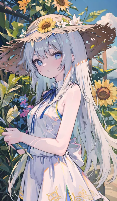 ray tracing,{best quality}, {{masterpiece}}, {highres}, original, extremely detailed 8K wallpaper, {an extremely delicate and beautiful},incredibly_absurdres,colorful,intricate detail,artbook,flower, 1girl, hat, plant, straw_hat, leaf, lily_\(flower\), potted_plant, sleeveless, solo, looking_at_viewer, sunflower, hat_flower, breasts, bare_shoulders, bangs, medium_breasts, upper_body, parted_lips,White skirt