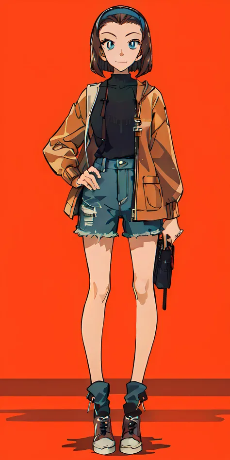 masterpiece, best quality, high resolution, high detailed eye, sonoko, (distinct_image), ((1girl, solo)), blue eyes, brown hair, short hair, <lora:sonoko-22:1>, smile, look at viewer, hair band, screencap, <lyco:GoodHands-beta2:1>, full body, standing, teen, model pose, trendy fashion, simple background, pretty eyes, forehead, symmetrical eyes