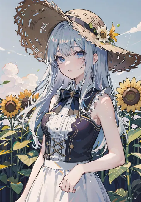 ray tracing,{best quality}, {{masterpiece}}, {highres}, original, extremely detailed 8K wallpaper, {an extremely delicate and beautiful},incredibly_absurdres,colorful,intricate detail,artbook,flower, 1girl, hat, plant, straw_hat, leaf, lily_\(flower\), potted_plant, sleeveless, solo, looking_at_viewer, sunflower, hat_flower, breasts, bare_shoulders, bangs, medium_breasts, upper_body, parted_lips,White skirt