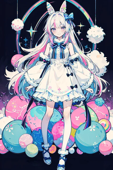 ((best quality, masterpiece, absurdres, super-resolution)) 1girl, bangs, blush, bow, closed_mouth, dress, full_body, fur-trimmed_skirt, fur_trim, hair_bow, holding, long_hair, looking_at_viewer, Pastel_background, pink_bow, pom_pom_\(clothes\), red_eyes, purple_background, simple_background, smile, solo, standing, striped, striped_bow, very_long_hair, white_dress, white_hair, pom pom \(clothes\), cotton ball, bow, decorative balls, stuffing, stuffed bunny,
(colorful theme:2.0), (colorful:2.0)