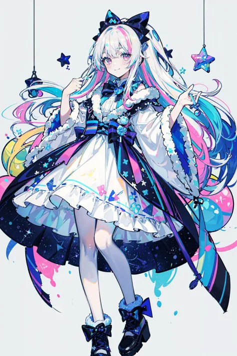 ((best quality, masterpiece, absurdres, super-resolution)) 1girl, bangs, blush, bow, closed_mouth, dress, full_body, fur-trimmed_skirt, fur_trim, hair_bow, holding, long_hair, looking_at_viewer, Pastel_background, pink_bow, pom_pom_\(clothes\), red_eyes, purple_background, simple_background, smile, solo, standing, striped, striped_bow, very_long_hair, white_dress, white_hair, pom pom \(clothes\), cotton ball, bow, decorative balls, stuffing, stuffed bunny,
(colorful theme:2.0), (colorful:2.0)