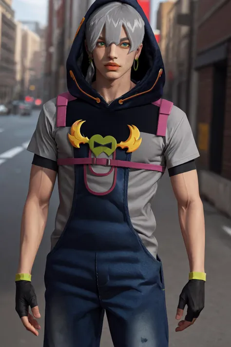 masterpiece, best quality, highres, 1boy grey hair green eyes earrings, blue hoodie short sleeves shirt pants fingerless gloves blue overalls <lora:jodio:1> (photorealistic:1.4)