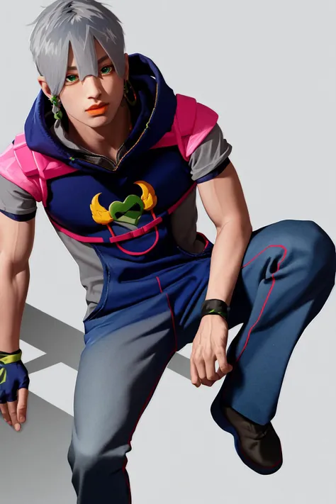masterpiece, best quality, highres, 1boy grey hair green eyes earrings, blue hoodie short sleeves shirt pants fingerless gloves blue overalls <lora:jodio:1> photorealistic