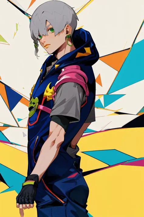 masterpiece, best quality, highres, 1boy grey hair green eyes earrings, blue hoodie short sleeves shirt pants fingerless gloves blue overalls <lora:jodio:1> from side, looking at viewer