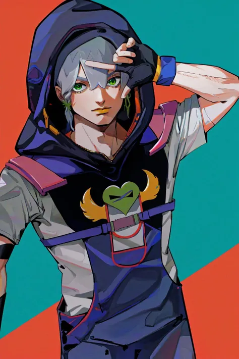 masterpiece, best quality, highres, 1boy grey hair green eyes earrings, blue hoodie short sleeves shirt pants fingerless gloves blue overalls <lora:jodio:1> simple background, hood up <lora:finger_frame_final:1> finger frame
