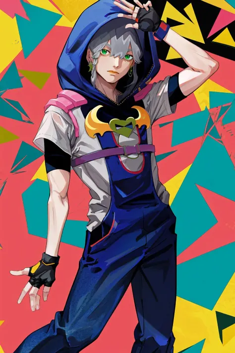 masterpiece, best quality, highres, 1boy grey hair green eyes earrings, blue hoodie short sleeves shirt pants fingerless gloves blue overalls <lora:jodio:1> arms up, hood up, open hand