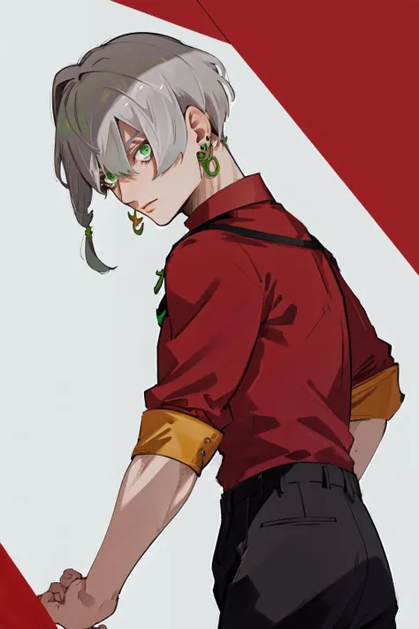 masterpiece, best quality, highres, 1boy grey hair green eyes earrings <lora:jodio_no_outfit:1> red shirt, black pants, from side