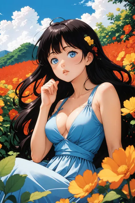 <lora:LCMTurboMix_Euler_A_fix:0.7>, absurdres, style of (katsuhiro otomo:1.5), 1girl, solo, black hair, blue eyes, plunging neckline dress, cleavage, outdoors, flowing hair, windy, falling flowers, hand on chin, flat colors, vivid, (cutout outline, border:1.1), 90s anime screencap, sitting, looking up, looking at viewer, (visible analog film grain:1.1)