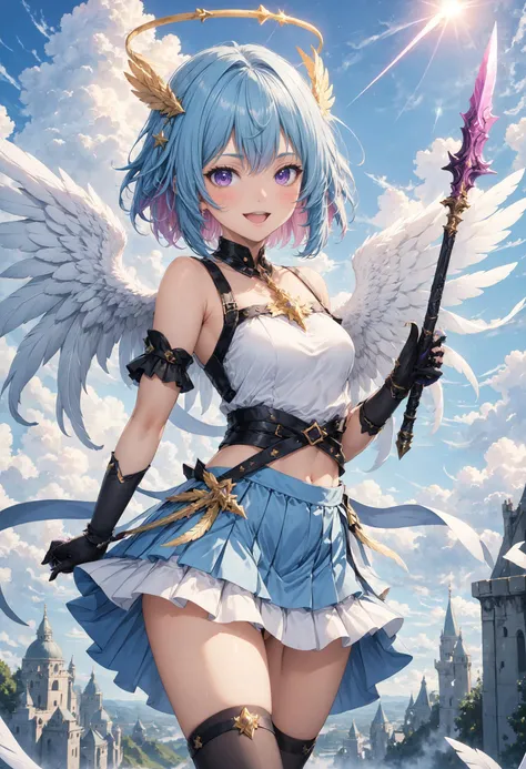 amane kanata, 1girl, angel wings, star halo, solo, angel, feathered wings, wings, virtual youtuber, polearm, gloves, thighhighs, blue thighhighs, multicolored hair, weapon, halo, holding, smile, blue hair, purple eyes, castle, white wings, holding polearm, skirt, feathers, blue skirt, streaked hair, short hair, holding weapon, spear, grey hair, open mouth, bangs, colored inner hair, black gloves, looking at viewer, :d, hair ornament, frills, pink hair, outdoors, pleated skirt, sky, hair over one eye, cloud, single hair intake, shirt, day, tower, frilled skirt, (masterpiece,best quality)