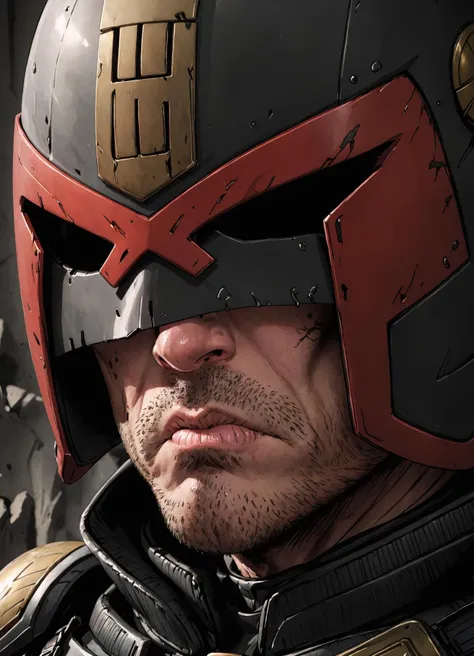 comic, cartoon, close-up portrait of jdgdrdd wearing his helmet, grim,
<lora:Judge_Dredd_-_2012_SDXL:0.7>