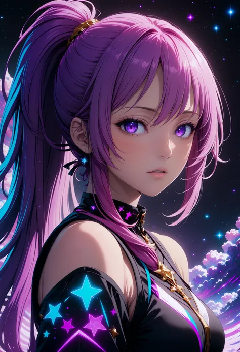 (best quality, masterpiece, colorful, highest detailed) (anime), 8k, very wide shot, volumetrics dtx, portrait, magical of stars more soft body particles, beautiful eyes, (dreadlocks:0.5) in a ponytail, (Violet head:1), vibrant colors, highly detailed