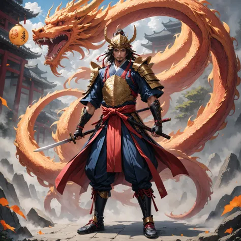 (best quality, masterpiece, colorful, dynamic angle, highest detailed) a samurai standing in front of a chinese dragon