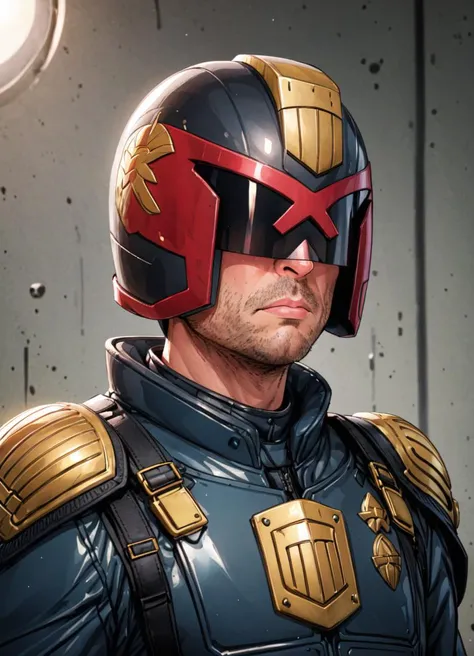 comic, cartoon,upper body portrait of jdgdrdd wearing his helmet, uniform, shiny, fancy,
 <lora:Judge_Dredd_-_2012_SDXL:0.7>