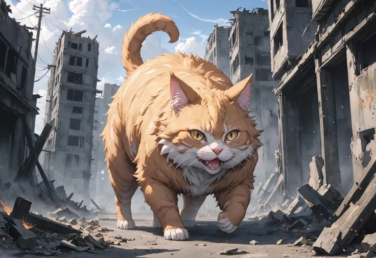 (anime) a mythical cat like beast chonk roaming through an apocalyptic ruined city