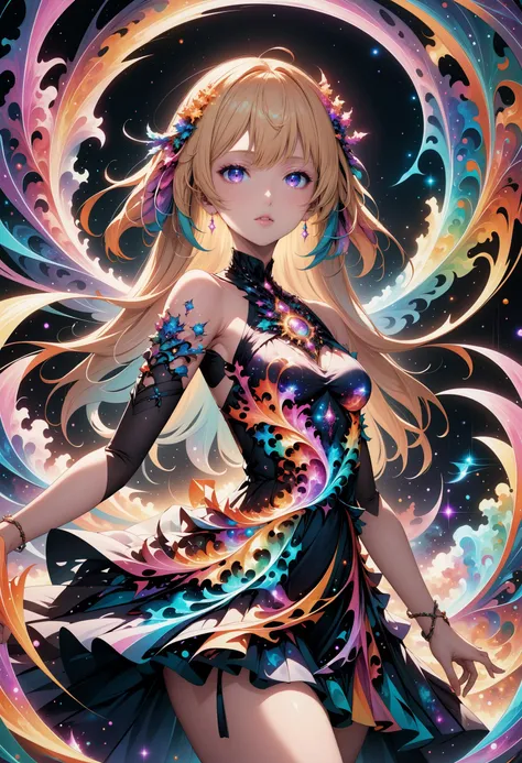 (best quality, masterpiece, colorful, highest detailed) (anime), 1girl wearing a dress made of fractals surrounded by a magical swirling aura