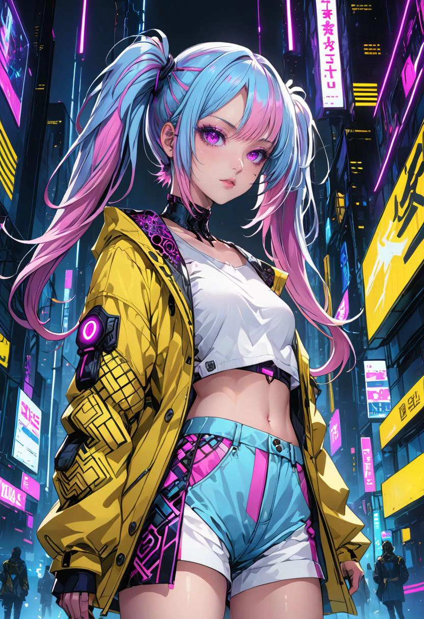 (masterpiece),(best quality),
(dynamic angle:1.3),(solo),
(colorful),(fashion),cyberpunk,
1girl,
purple eyes,detailed eyes,
(light blue and pink hair),(streaked hair:0.7),long hair,(twintails:1.2),
patterns,detailed decorations,(zentangle),
detailed background,
(yellow coat),yellow,colorful coat,
white shirt,
blue short pants,
(cyberpunk city:1.1),(cyberpunk street:1.1),night sky,billboard,
anime,(cowboy shot),
normal light