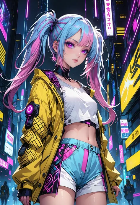 (masterpiece),(best quality),
(dynamic angle:1.3),(solo),
(colorful),(fashion),cyberpunk,
1girl,
purple eyes,detailed eyes,
(light blue and pink hair),(streaked hair:0.7),long hair,(twintails:1.2),
patterns,detailed decorations,(zentangle),
detailed background,
(yellow coat),yellow,colorful coat,
white shirt,
blue short pants,
(cyberpunk city:1.1),(cyberpunk street:1.1),night sky,billboard,
anime,(cowboy shot),
normal light