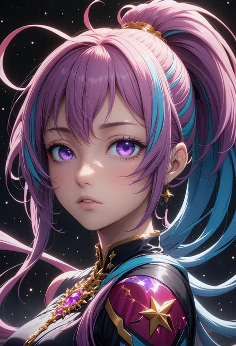 (best quality, masterpiece, colorful, dynamic angle, highest detailed) (anime), 8k, very wide shot, volumetrics dtx, portrait, magical of stars more soft body particles, beautiful eyes, (dreadlocks:0.5) in a ponytail, (Violet head:1), vibrant colors, highly detailed