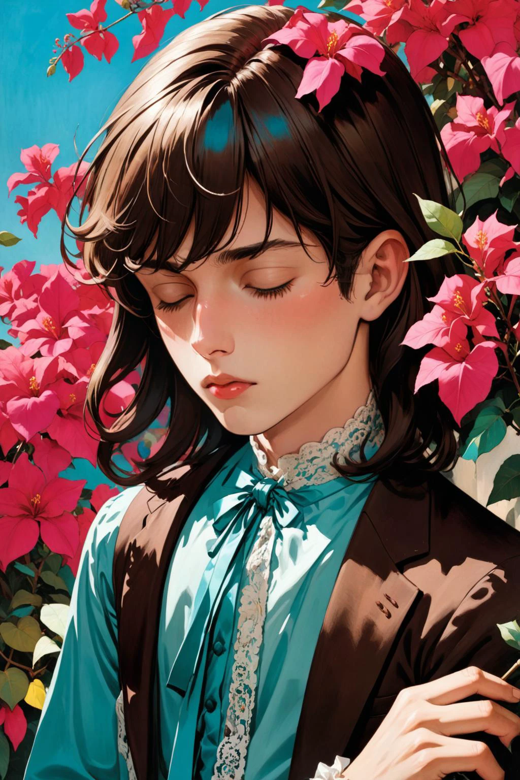 <lora:LCMTurboMix_Euler_A_fix:0.7>, (Art by Saul Tepper:1.5), cecil beaton, flat colors, teal and brown palette, 1boy, long hair, slender, holding a bougainvillea flower on his face, eyes closed, lace, frills,