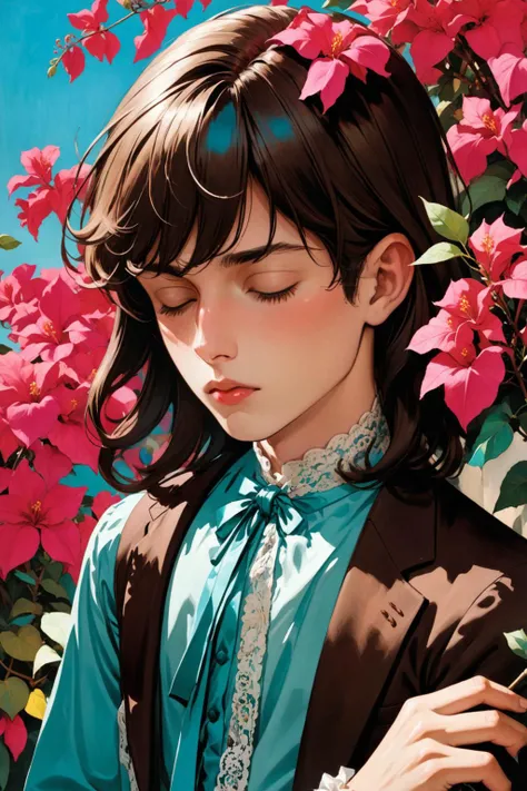 <lora:LCMTurboMix_Euler_A_fix:0.7>, (Art by Saul Tepper:1.5), cecil beaton, flat colors, teal and brown palette, 1boy, long hair, slender, holding a bougainvillea flower on his face, eyes closed, lace, frills,