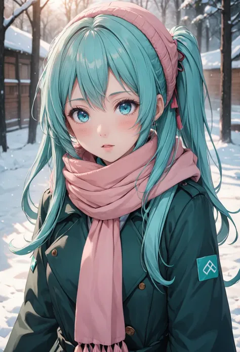 scarf,looking at viewer,blush,winter clothes,coat,blurry,pov,hatsune miku,, masterpiece, best quality,