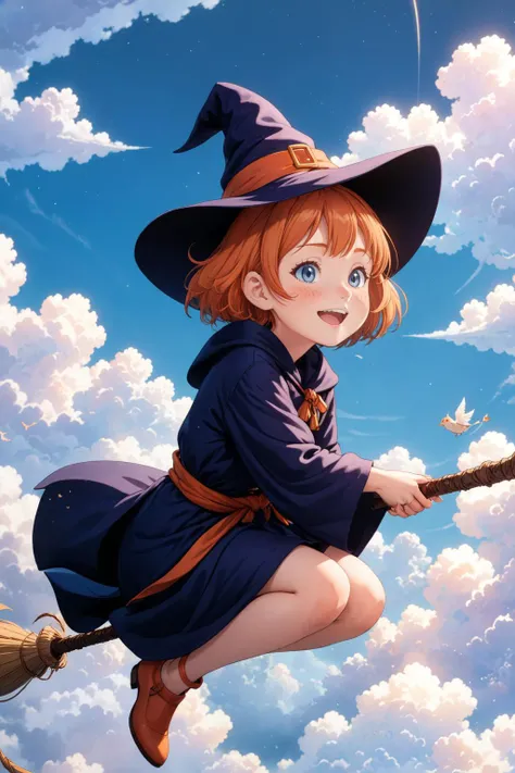 (2d cell shaded anime screencap, masterpiece, best quality:1.3), (cute young witch with short orange hair and oversized robe:1.22), freckles, big hopeful smile, by artus scheiner and (david welker:1.25) and (little witch academia:0.9), (sitting on a flying staff, sheath:1.1) across the sky, thick clouds, birds following her, witch hat, <lora:LCMTurboMix_Euler_A_fix:0.7>