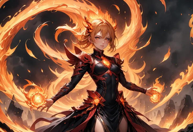 A striking fire mage, radiating fierce energy, stands amidst swirling flames. Their hands command orbs of infernal fire, weaving intricate patterns in the air. Behind them, a raging firestorm dances, casting dynamic shadows. The mage's eyes blaze with determination, embodying the raw power of combustion. Embers float in the air, leaving trails of smoldering light. The scene crackles with intensity, capturing the essence of fire's primal force.  The mage is wearing an armoured dress that is reflecting the light emitted by the flames.  There is an epic volumetric lighting creating a dramatic and cinematic look