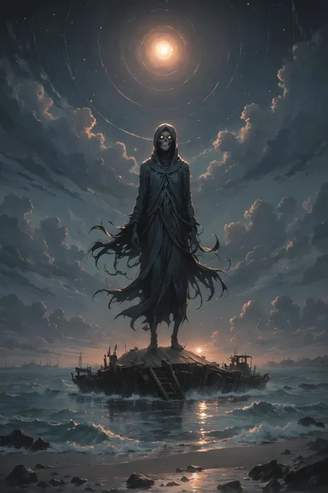 a painting, the pier creaks and groans beneath the weight of the setting sun, its wooden planks worn smooth by the relentless tide. a 35 year old ghost stands at the railing, its ethereal form undulating like the mist that shrouds the water's edge. the air is heavy with an otherworldly presence, the atmosphere thick with malevolent energy. the ghost's face is deathly pale, its eyes sunken and dark as two voids in a moonless night. a tattered black coat hangs from its bony shoulders, the fabric whispering softly as it moves to the rhythm of some unseen breeze. a faint glow emanates from its translucent skin, casting an eerie light across the deserted pier. in the distance, the silhouettes of abandoned boats seem to loom like skeletal fingers, while the sound of distant foghorns moans mournfully on the wind. the ghost's gaze is fixed upon some unseen horror lurking beneath the waves, its presence seeming to draw the very life from the air itself. as the sun dips lower in the sky, the pier becomes bathed in an eerie twilight, and the ghost's form seems to grow more substantial, as if it might at any moment step forth into the world of the living., naive art, van gogh art style, stary night painting, starry night, van gogh style, vincent van gogh style, starry night!!!!!!!!!!!!!!!!!!!!, van gogh painting, inspired by vincent van gogh, the starry night, inspired by van gogh