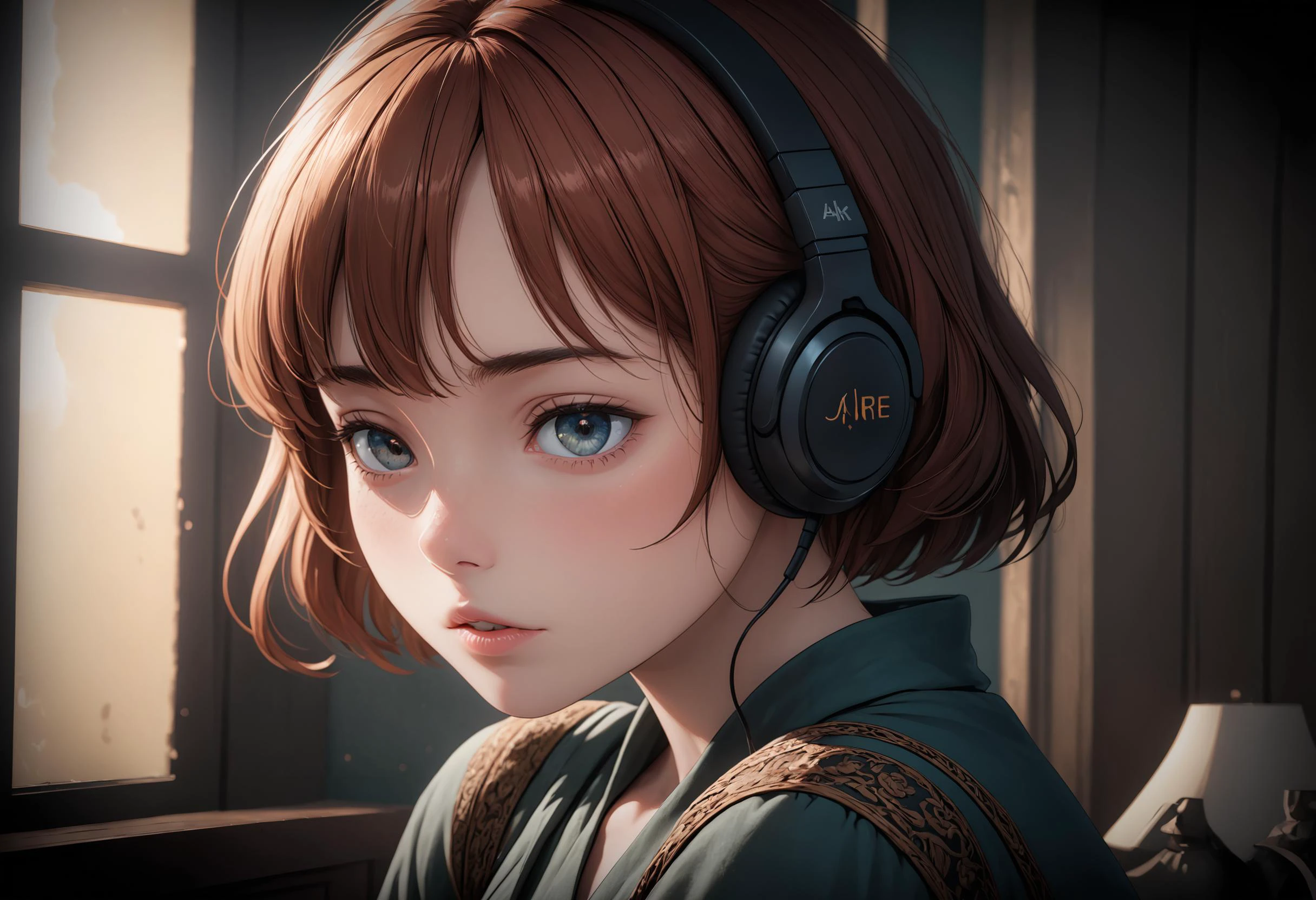 Jane Eyre with headphones, natural skin texture, 24mm, 4k textures, soft cinematic light, adobe lightroom, photolab, hdr, intricate, elegant, highly detailed, sharp focus, ((((cinematic look)))), soothing tones, insane details, intricate details, hyperdetailed, low contrast, soft cinematic light, dim colors, exposure blend, hdr, faded