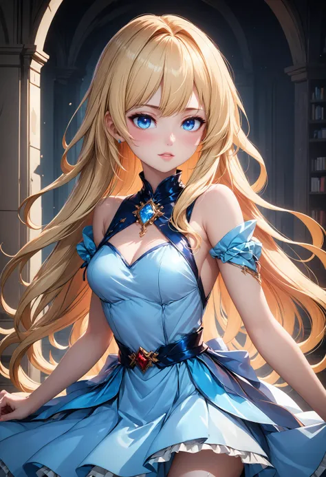 anime, kawai, beautiful sexy 22yo female with shiny long blond hair with red tips and blue eyes in shiny light blue introcated dress, kawai pose, flirting look, adorable, cute, pure, feminine, (((masterpiece))), ultimate details, 32k, HDR, stunning composition, sharp focus, vivid colors, digital painting, concept art, high texture resolutiion, pixiv, cinema 4d