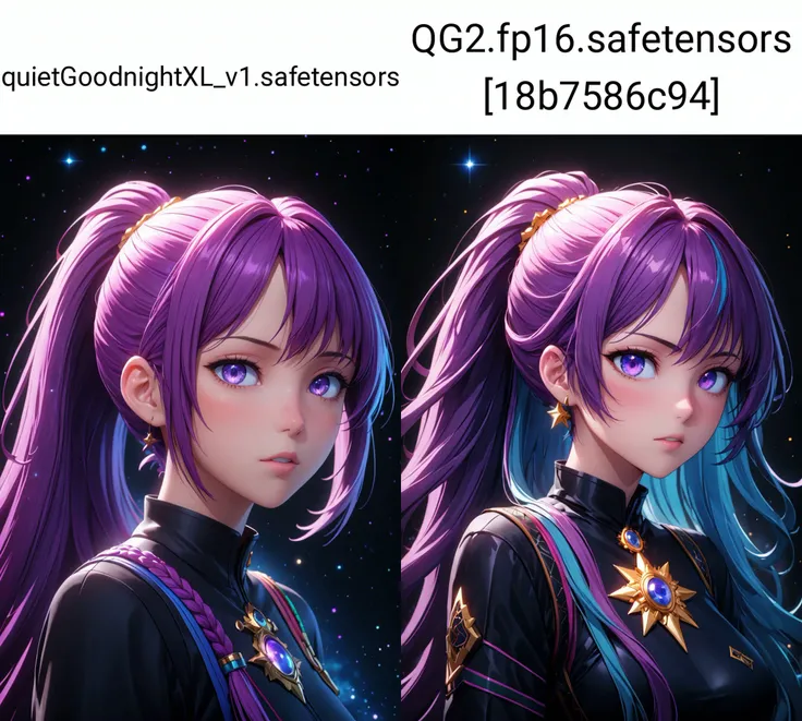 (best quality, masterpiece, colorful, highest detailed) (anime), 8k, very wide shot, volumetrics dtx, portrait, magical of stars more soft body particles, beautiful eyes, (dreadlocks:0.5) in a ponytail, (Violet head:1), vibrant colors, highly detailed